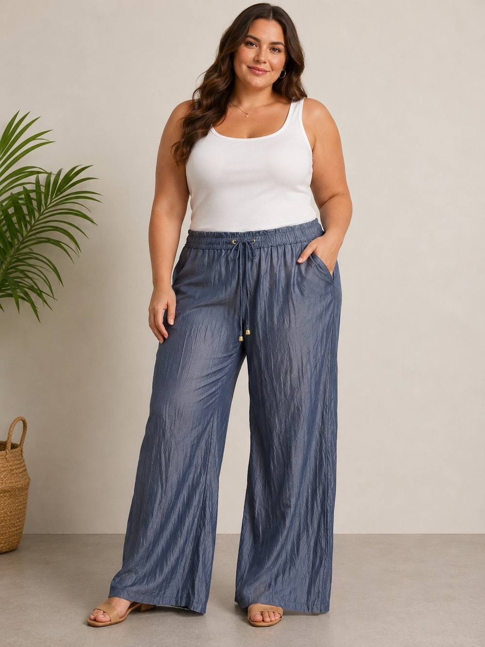 Anne Klein Wide-Leg Drawstring Pants in Slate Blue Size Large
